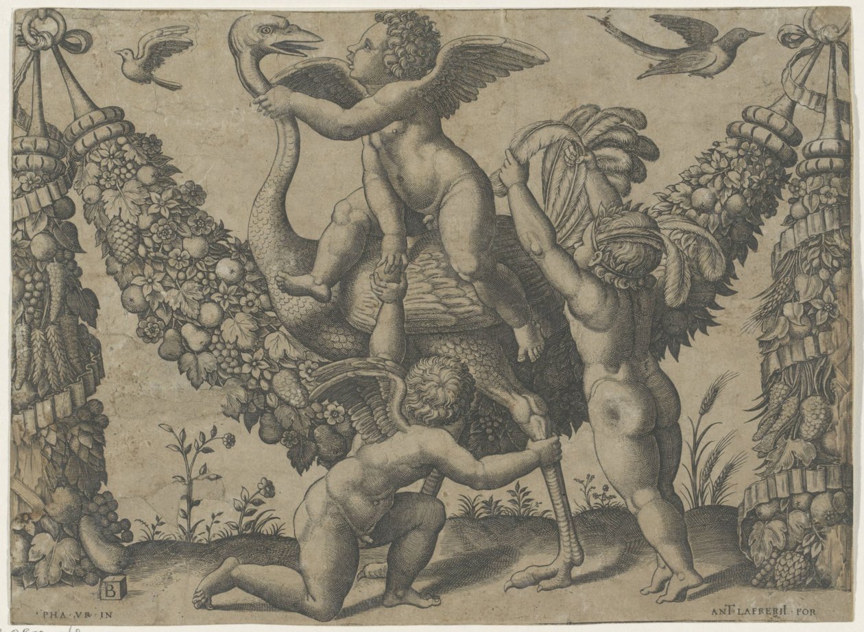 Tres amorcillos con un avestruz Tapices del Papa de Rafael (título de la serie) de Meester van de Dobbelsteen