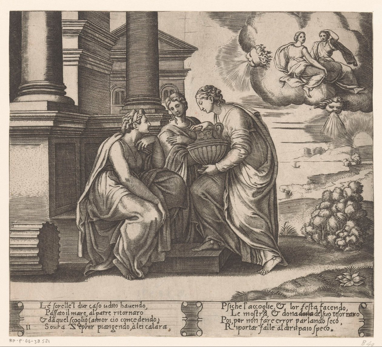 Psique es visitada por sus hermanas. Historia de Amor y Psique (título de la serie) de Meester van de Dobbelsteen
