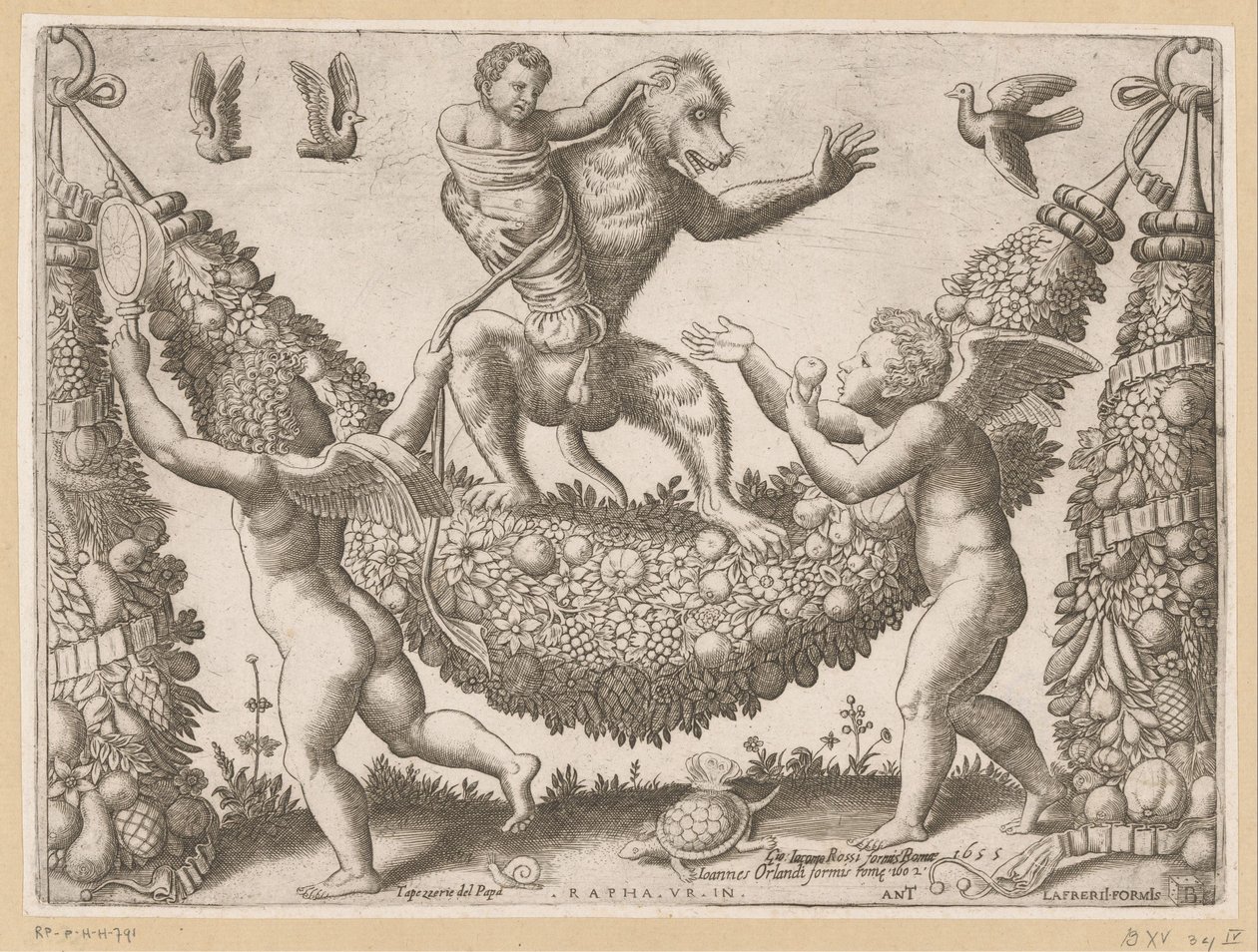 Putti burlándose de un mono Tapices del Papa (título de la serie) Tapezzerie de Papa (título de la serie sobre el objeto) de Meester van de Dobbelsteen