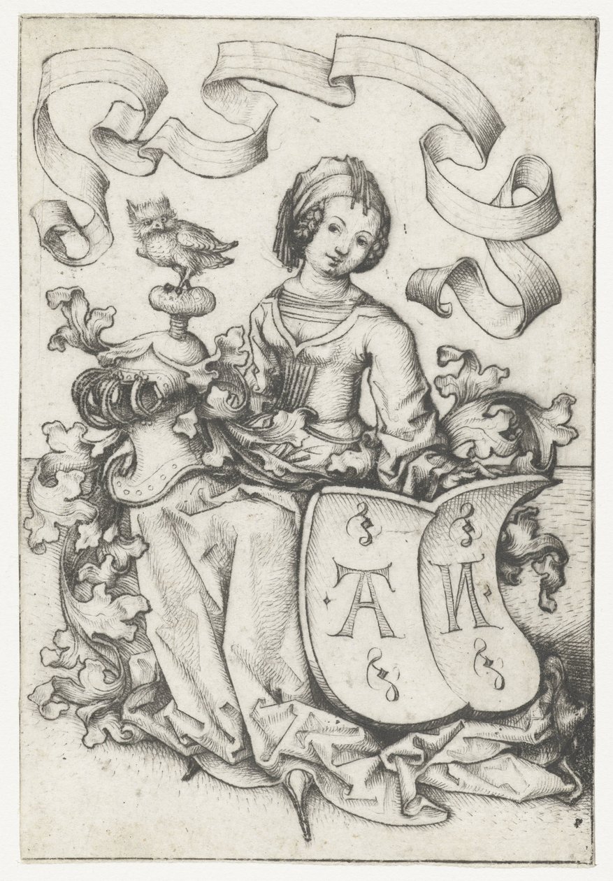 Dama con búho y escudo con las letras AN de Meester van het Amsterdamse Kabinet