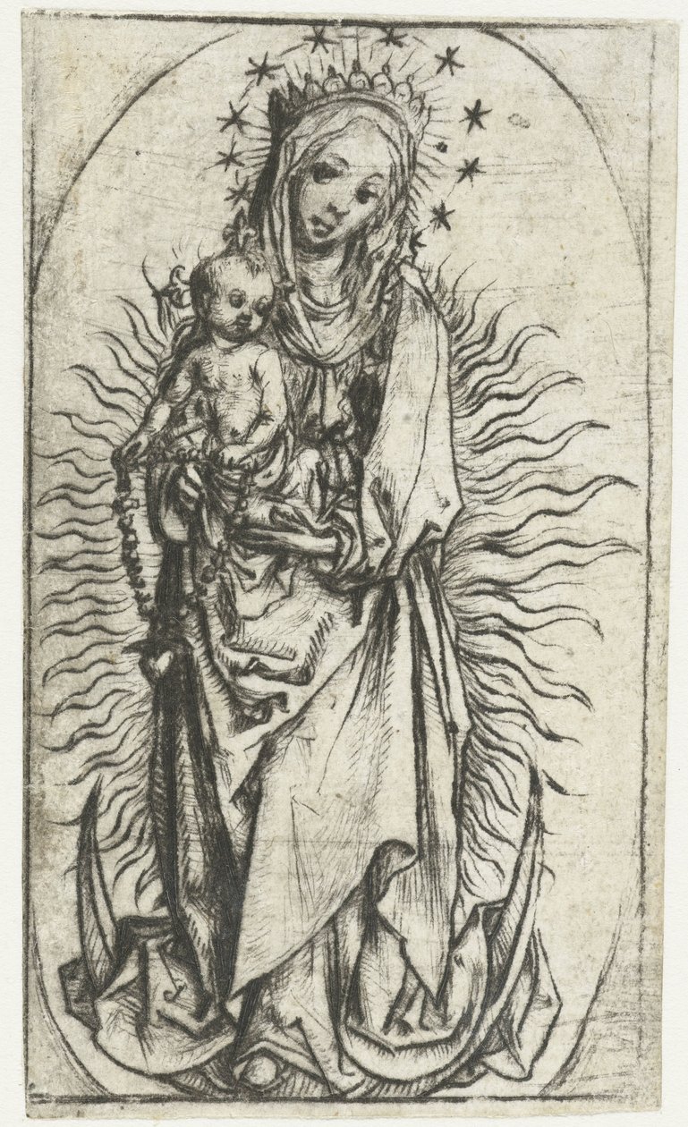 Virgen con corona de estrellas y rosario en la luna creciente de Meester van het Amsterdamse Kabinet