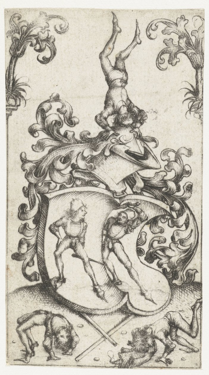 Escudo de armas con acróbatas y espadachines de Meester van het Amsterdamse Kabinet