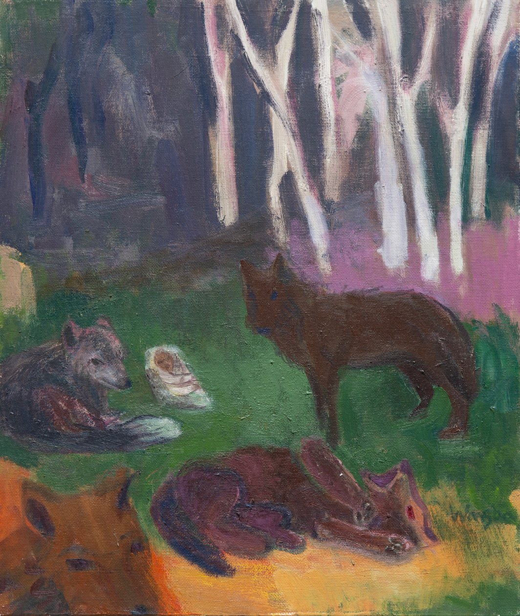 Un recién nacido rodeado de lobos, 2016 (óleo sobre lienzo) de Megan Williamson