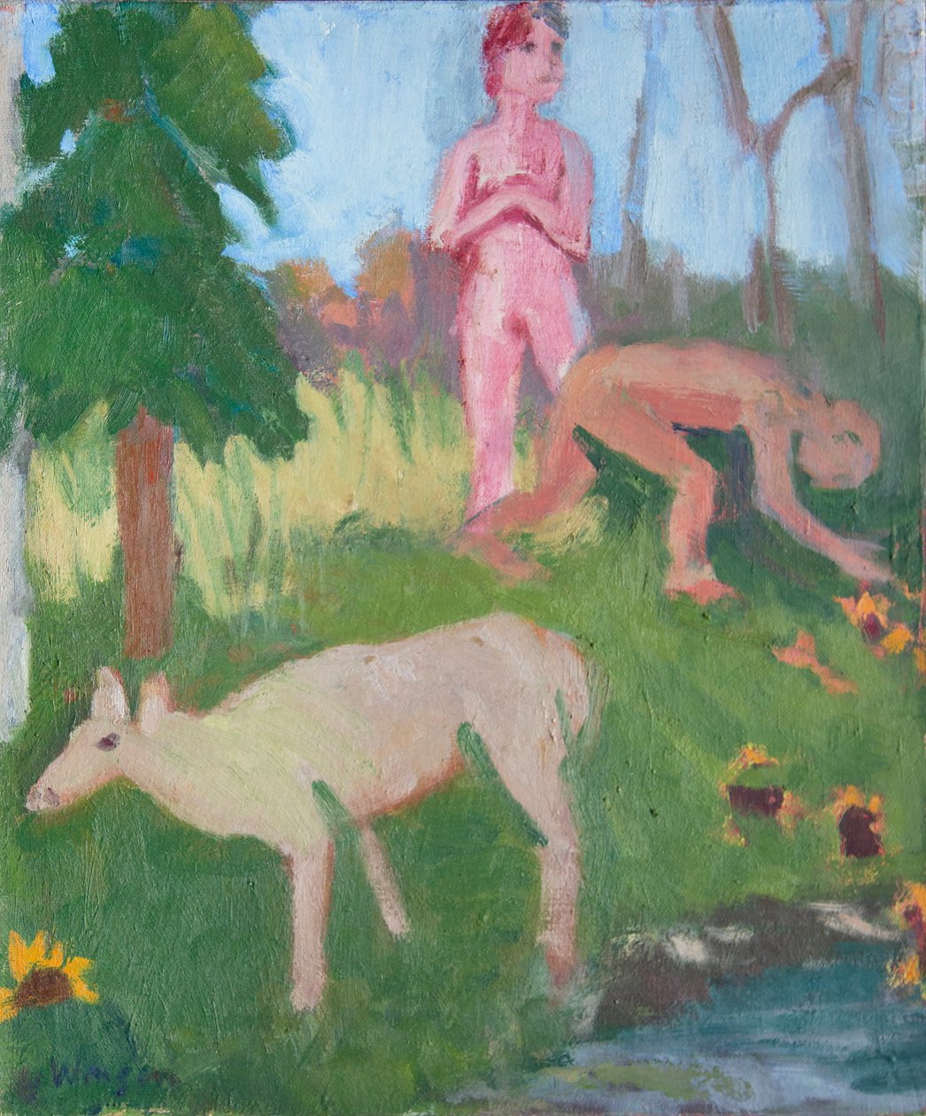 Dos figuras con un alce hembra, 2016 (óleo sobre lienzo) de Megan Williamson