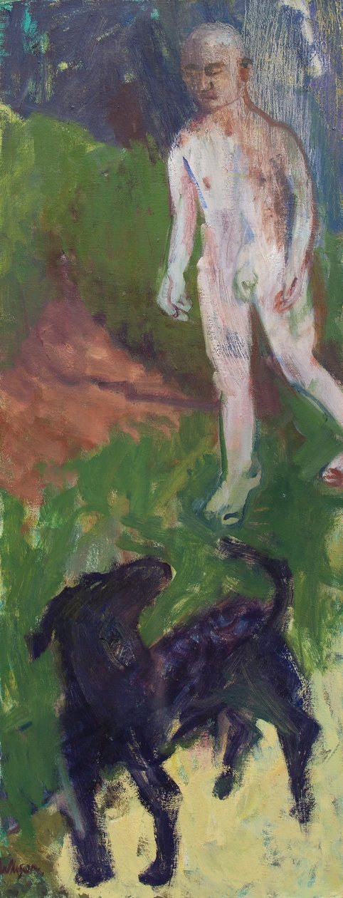 Hombre blanco que paseaba a un perro negro, 2016 (óleo sobre lienzo) de Megan Williamson