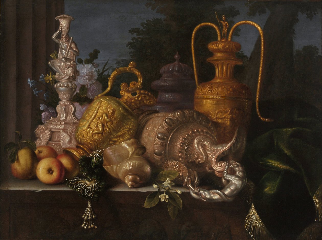 Naturaleza muerta, conchas y orfebre. Pintura de Meiffren Conte (1630-1705). Óleo sobre lienzo. Dimensiones: 91x121cm. Mención obligatoria: Colección fondation regards de Provence, Marsella de Meiffren (c.1630 1705) Conte