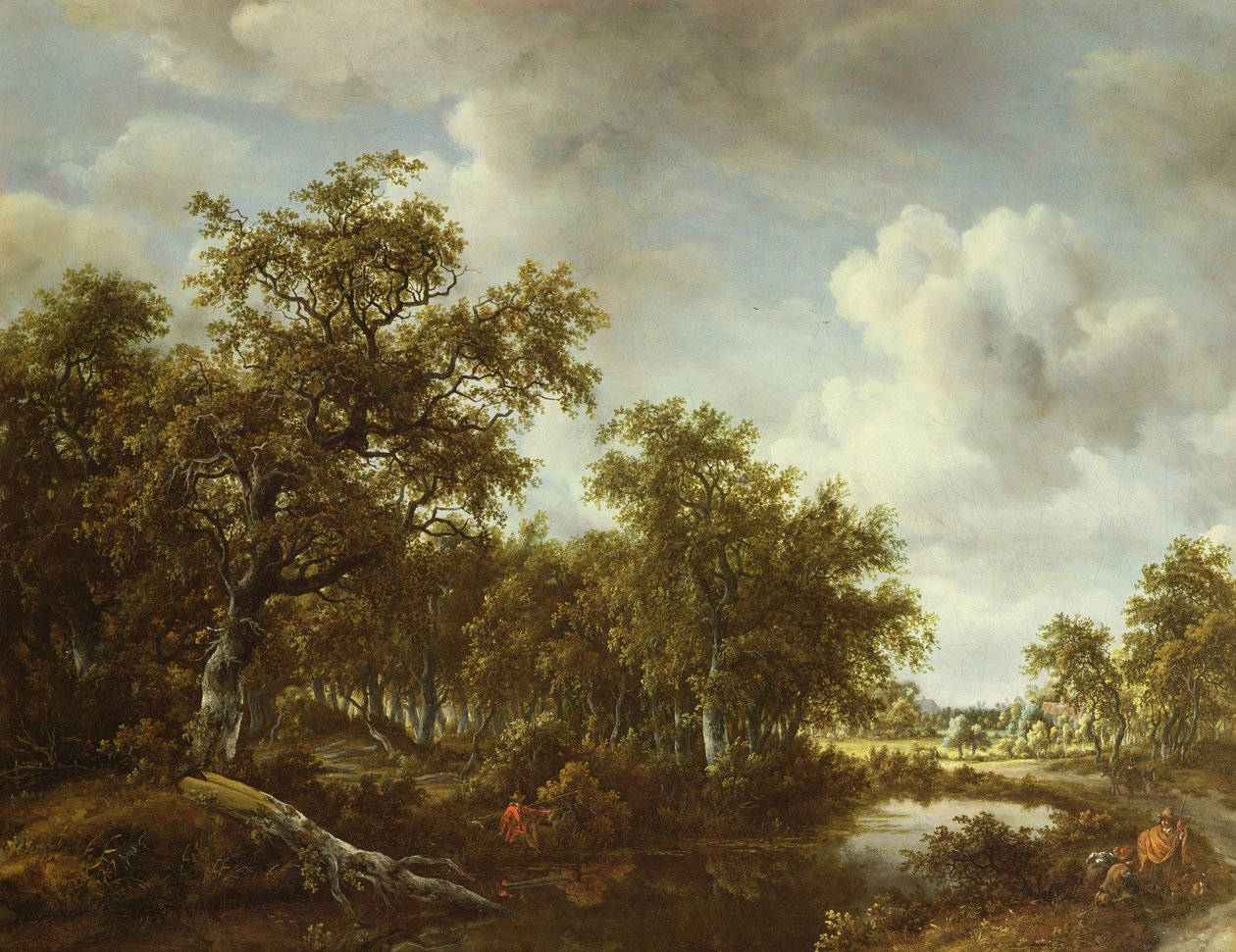 Paisaje boscoso con un pescador junto a un estanque, 1664 de Meindert Hobbema