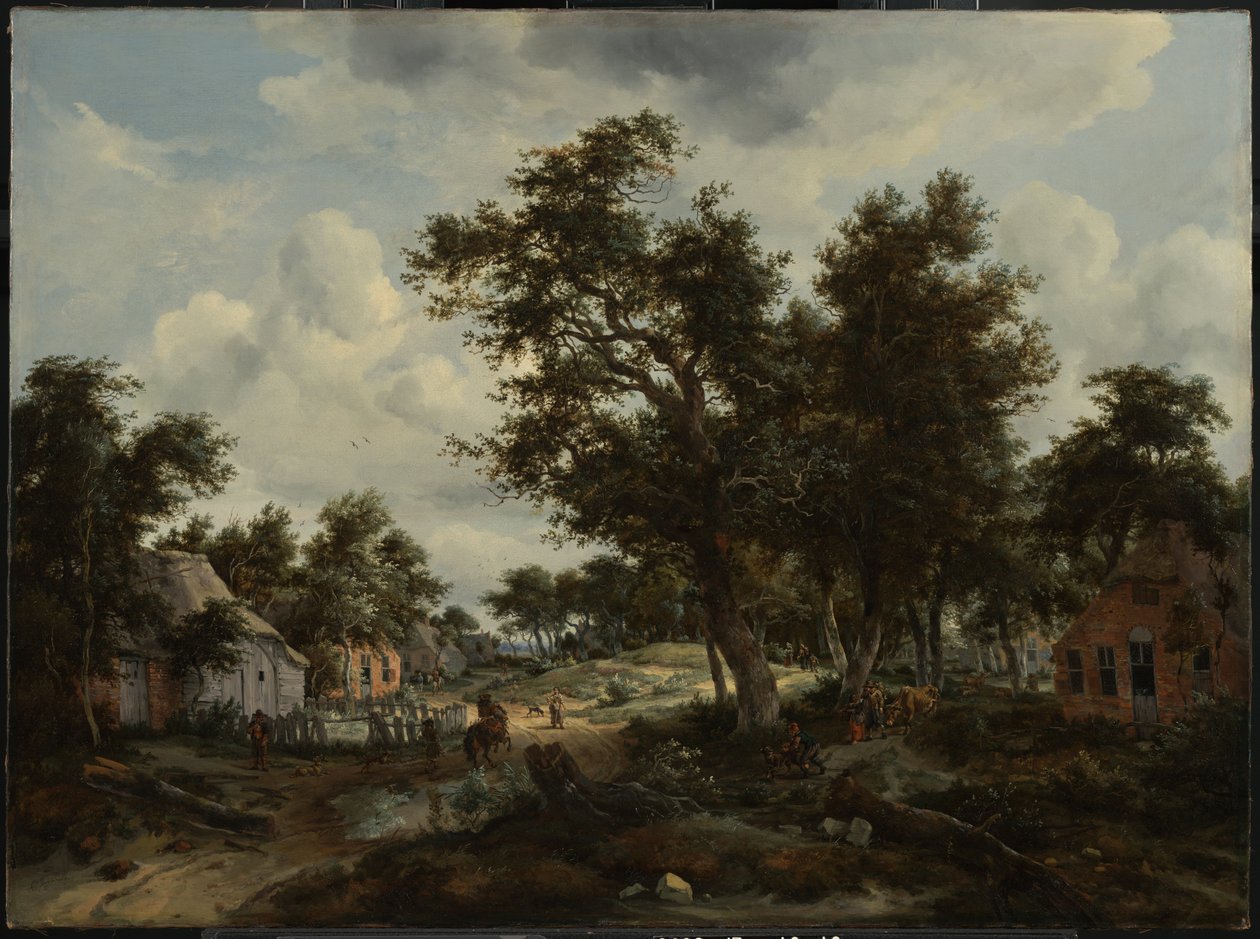 Un paisaje boscoso con viajeros en un camino a través de una aldea de Meindert Hobbema