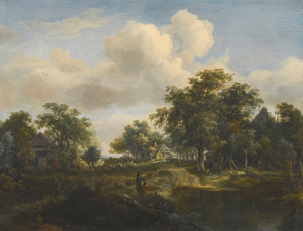 Una aldea en el bosque con pescadores de Meindert Hobbema