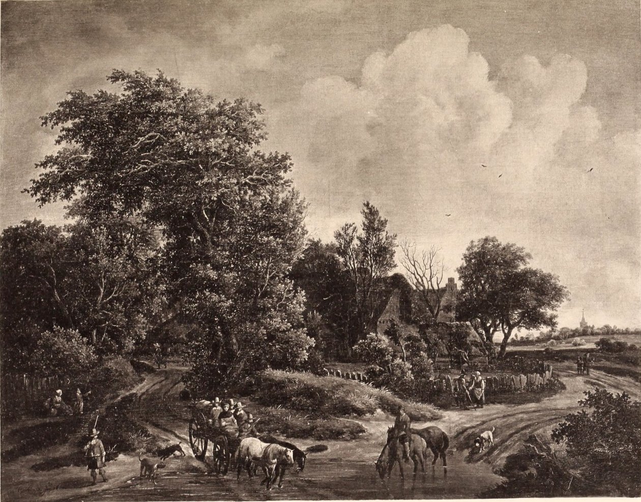 Granja al borde de un bosque, con un carro y caballos de Meindert Hobbema