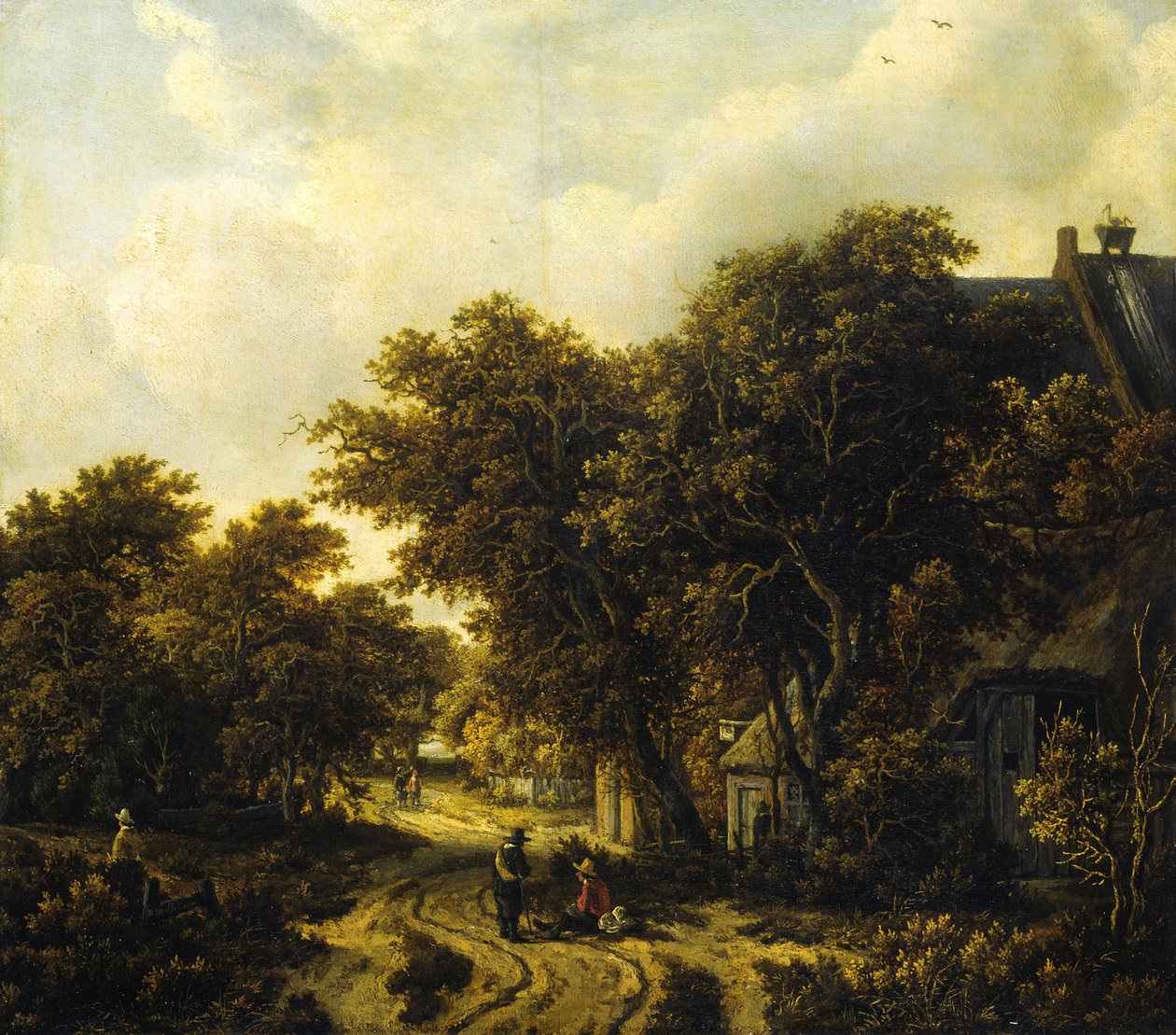 Alemán: Landschaft mit Wirtshaus Paisaje con posada de Meindert Hobbema