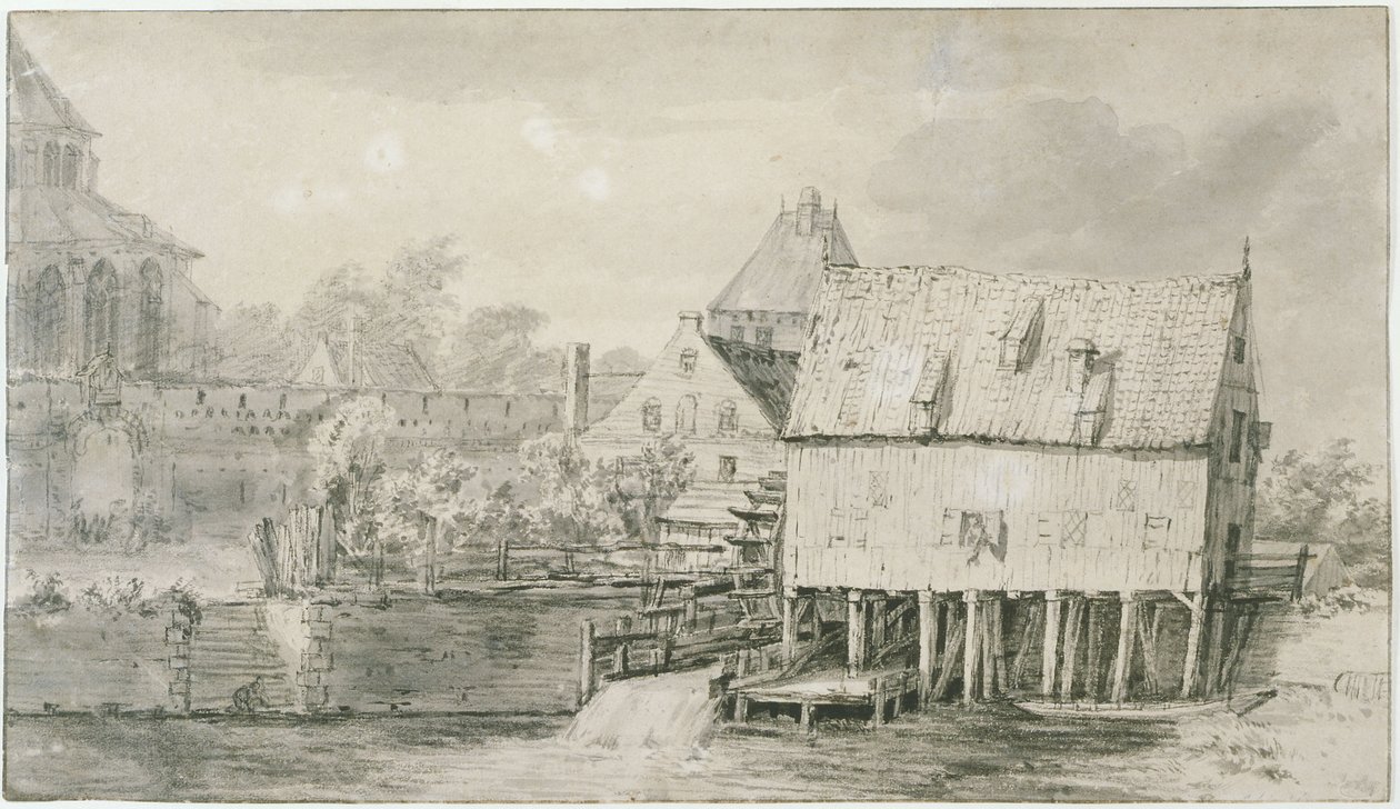 La llamada iglesia Bergkerk y molino de agua en Deventer (Lugt 43) de Meindert Hobbema