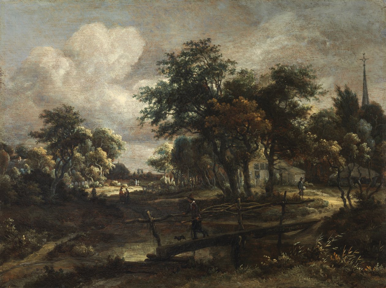Paisaje con pasarela de Meindert Hobbema
