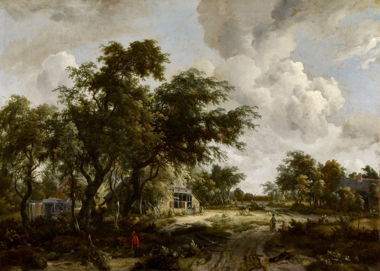 Pueblo con molino de agua entre árboles de Meindert Hobbema