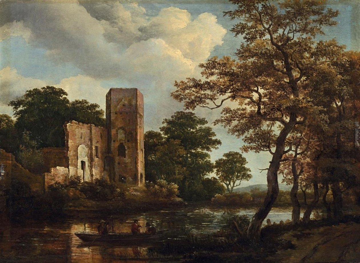 Paisaje fluvial arbolado con las ruinas del castillo de Egmond en Egmond aan den Hoef de Meindert Hobbema