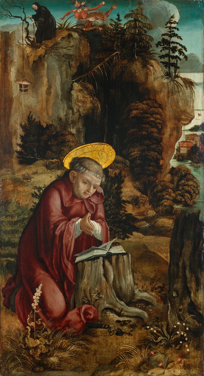 S t. Benito frente a la cueva de Subiaco de Meister des Innerochsenbacher Annenaltars