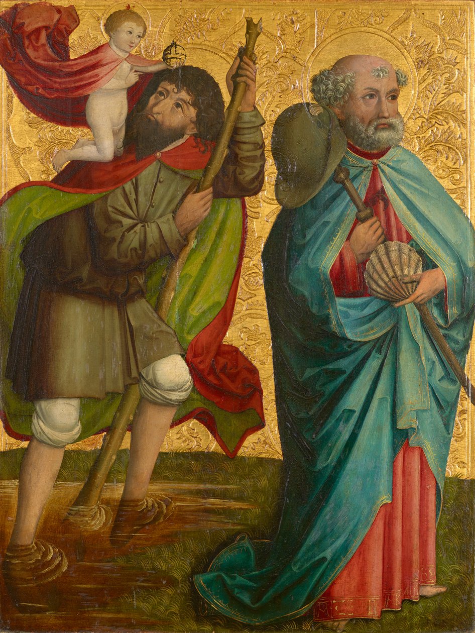 Ala izquierda del llamado tríptico Pretschlaipfer: St. Christophorus y Jakobus Major (interior); Anunciación a María (afuera) de Meister von Großgmain (Werkstatt)