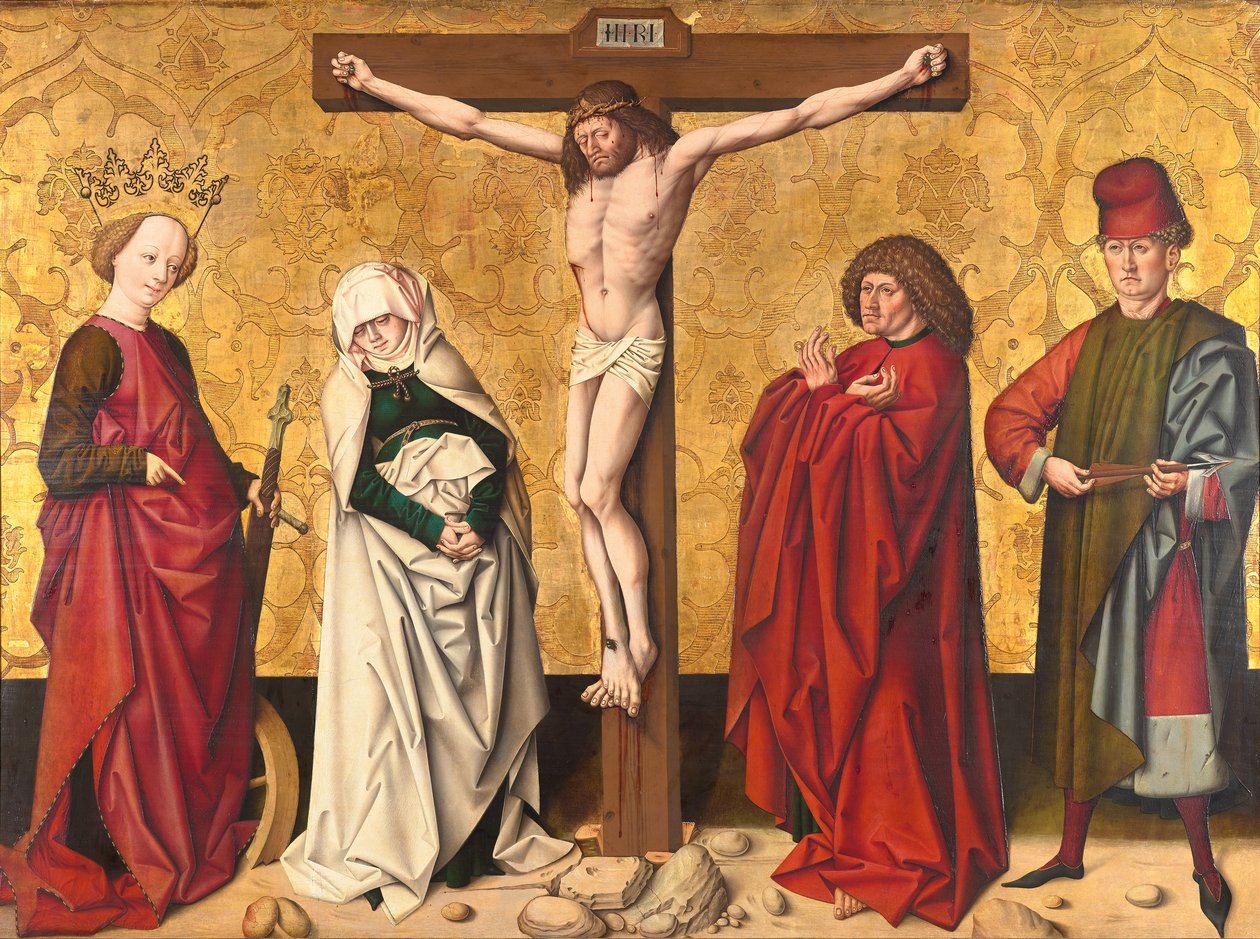 Cristo en la cruz entre St. María y Juan, Catalina y Sebastián de Meister von Großgmain
