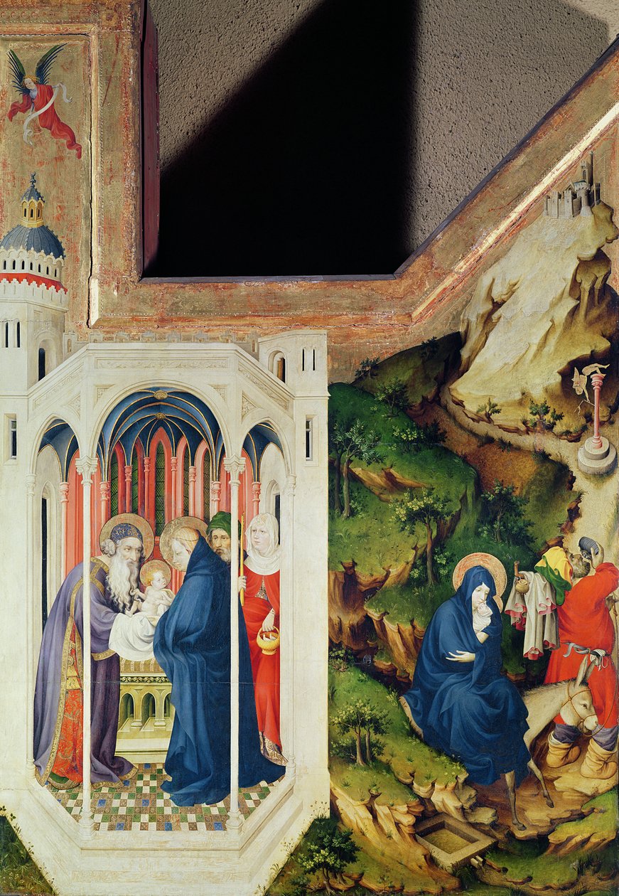 Retablo de la Cartuja de Champmol, lado derecho que representa la Presentación en el Templo y la Huida a Egipto, c.1393-99 de Melchior Broederlam