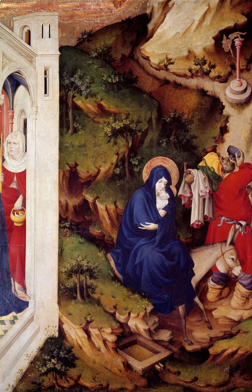 La huida a Egipto (detalle) del ala derecha del retablo de la Cartuja de Champmol. Pintura sobre madera de Melchior Broederlam (entre 1381 y 1409 aprox.) 1393-1399. Dijon, museo de Bellas Artes de Melchior Broederlam