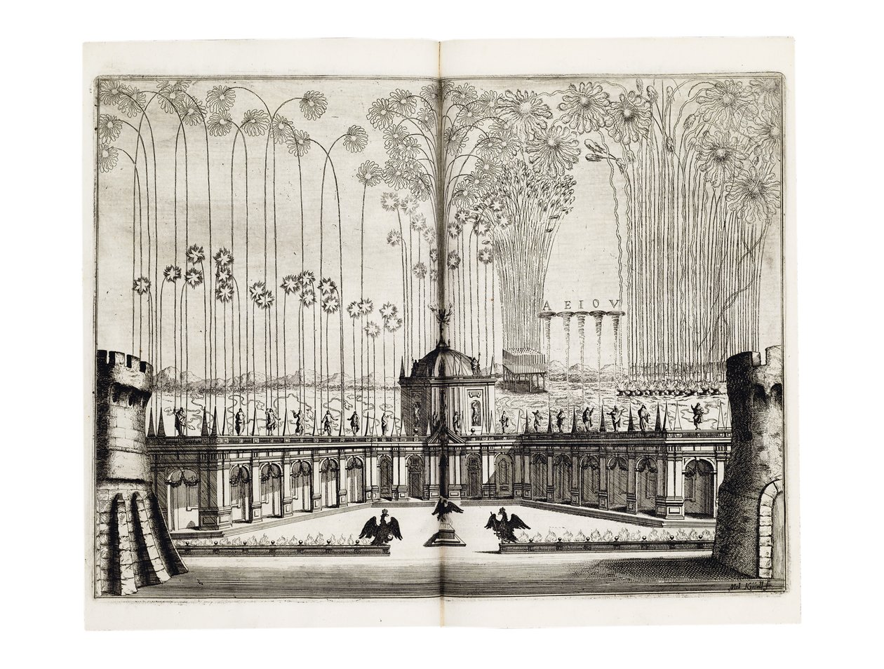 Fuegos artificiales con motivo de la boda de Leopoldo I, Emperador del Sacro Imperio Romano, y Margarita Teresa de España en Viena, diciembre de 1666 de Melchior Küsel