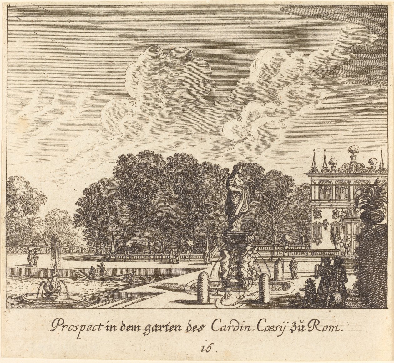 Jardines del Cardenal Coessi, Roma de Melchior Küsel after Johann Wilhelm Baur