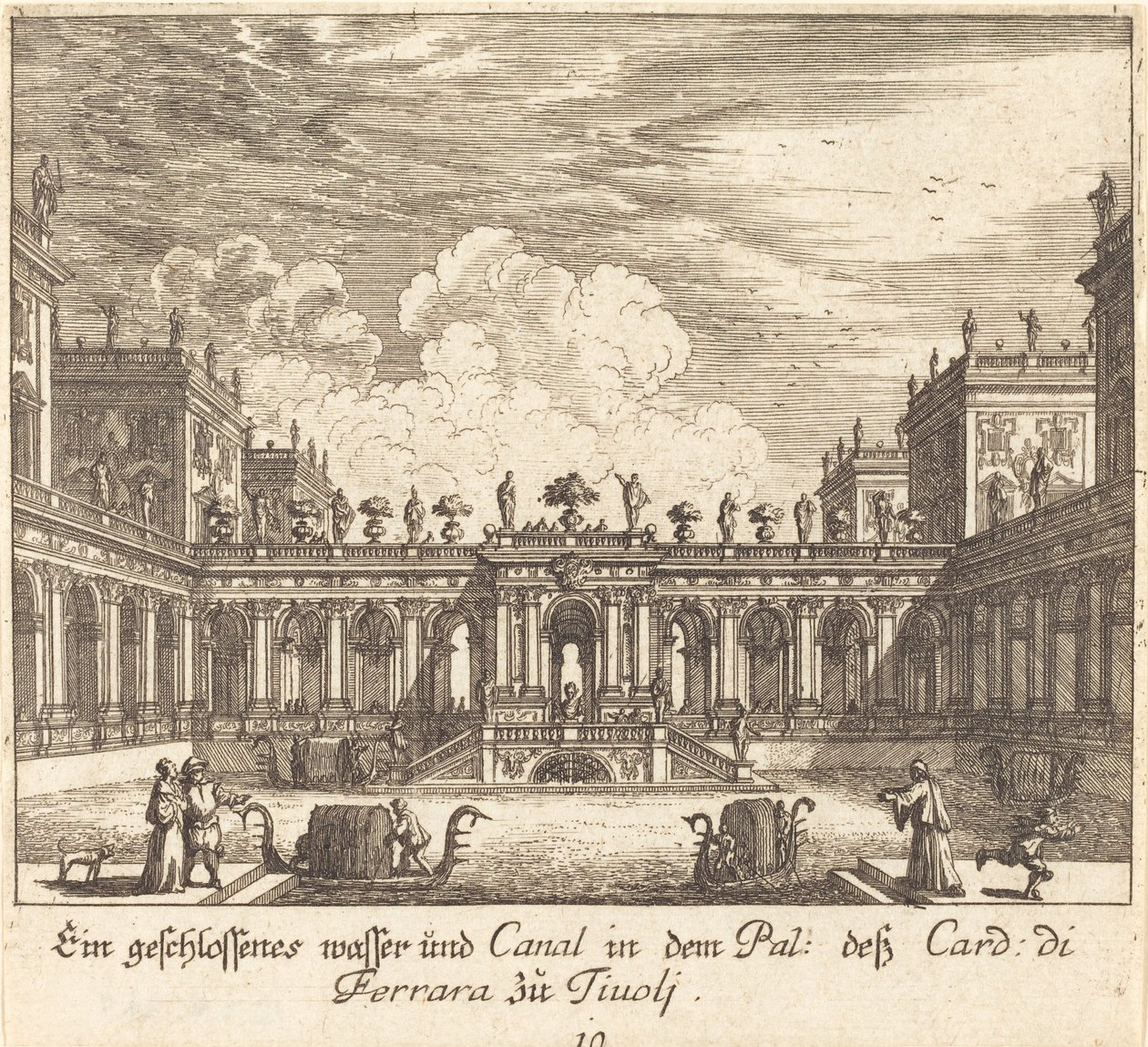 Palacio y canal, Cardenal de Ferrara, Tívoli de Melchior Küsel after Johann Wilhelm Baur