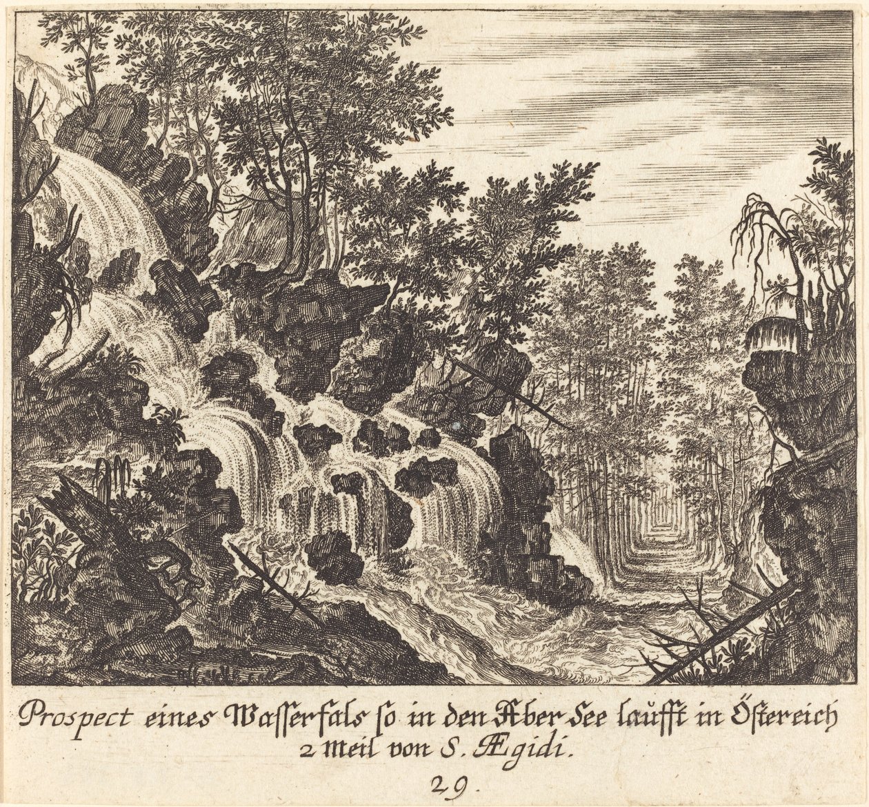Vista de una Cascada, Austria de Melchior Küsel after Johann Wilhelm Baur
