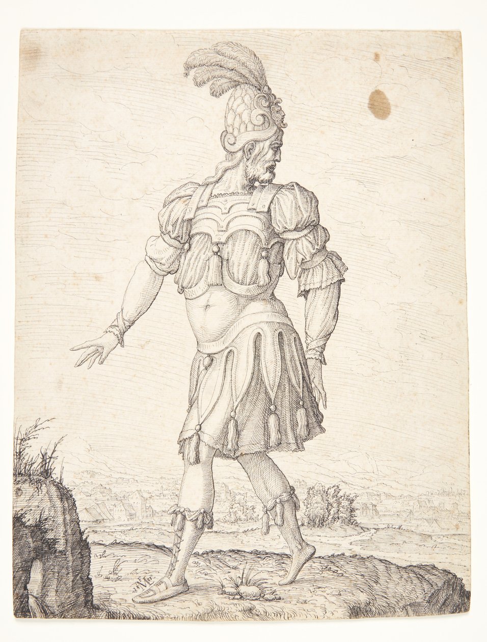 Un hombre con vestimenta romana, señalando una fuente de Melchior Lorck