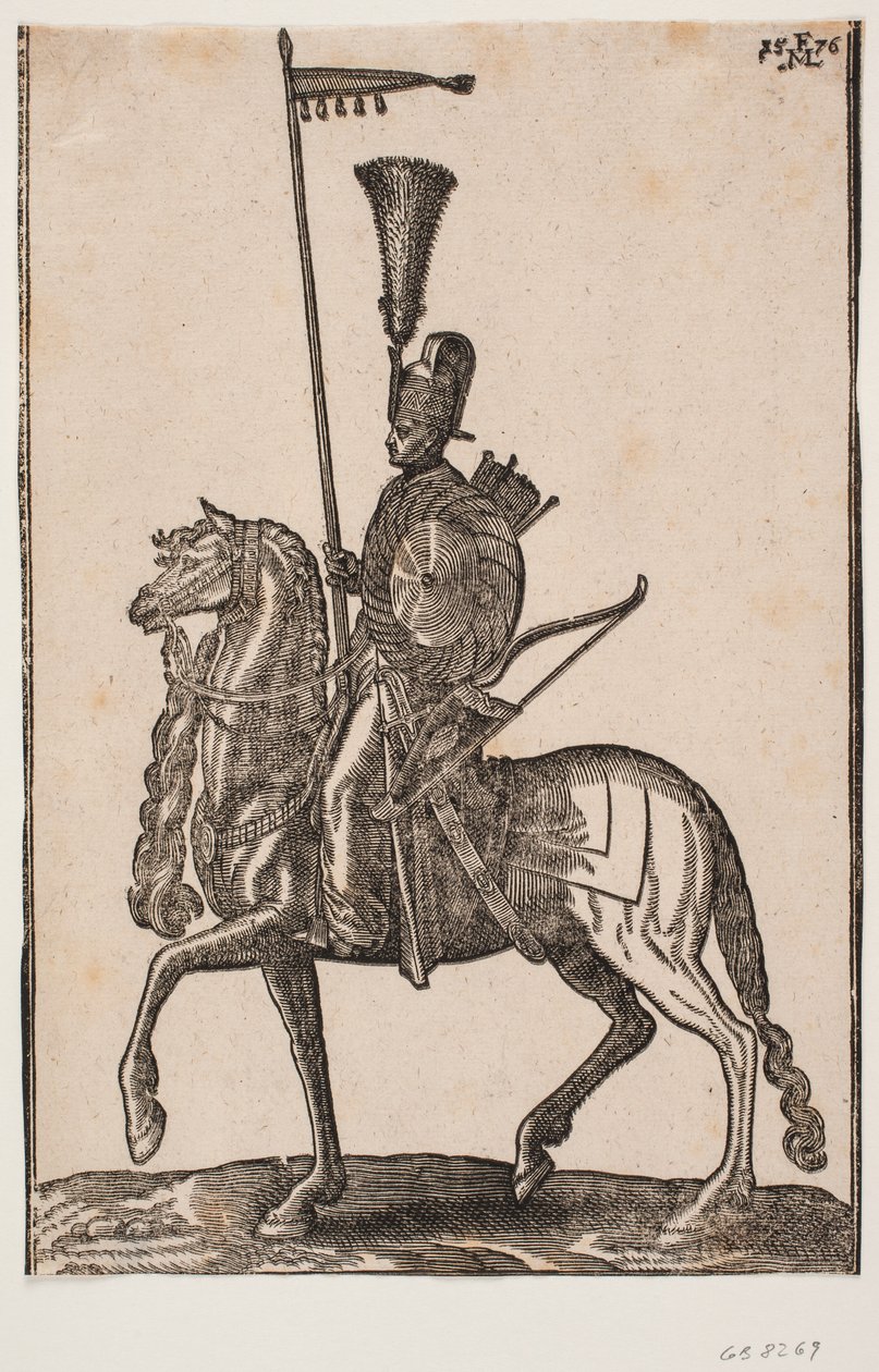 Soldado montado, perfil hacia la izquierda; lanza con banderín, arco al lado, escudo circular, carcaj; tocado con plumas de Melchior Lorck