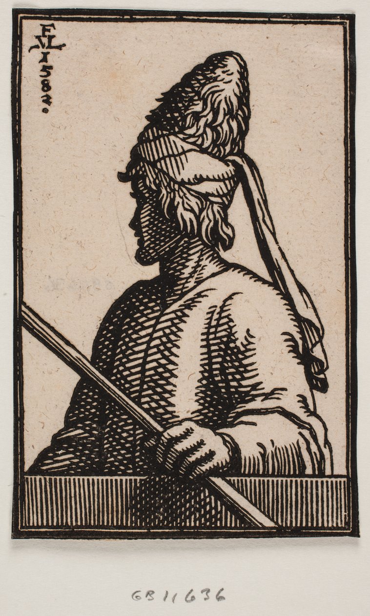 Busto de un joven con sombrero puntiagudo de cuero, sosteniendo un bastón en su mano izquierda, extendido sobre la barandilla; mostrado en perfil 3/4 desde el lado izquierdo del hombre, con la cabeza ligeramente girada de Melchior Lorck