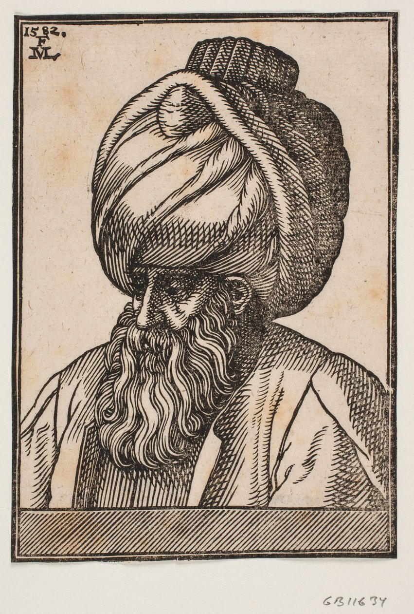 Busto de hombre con barba completa y turbante, perfil 3/4 hacia la izquierda de Melchior Lorck