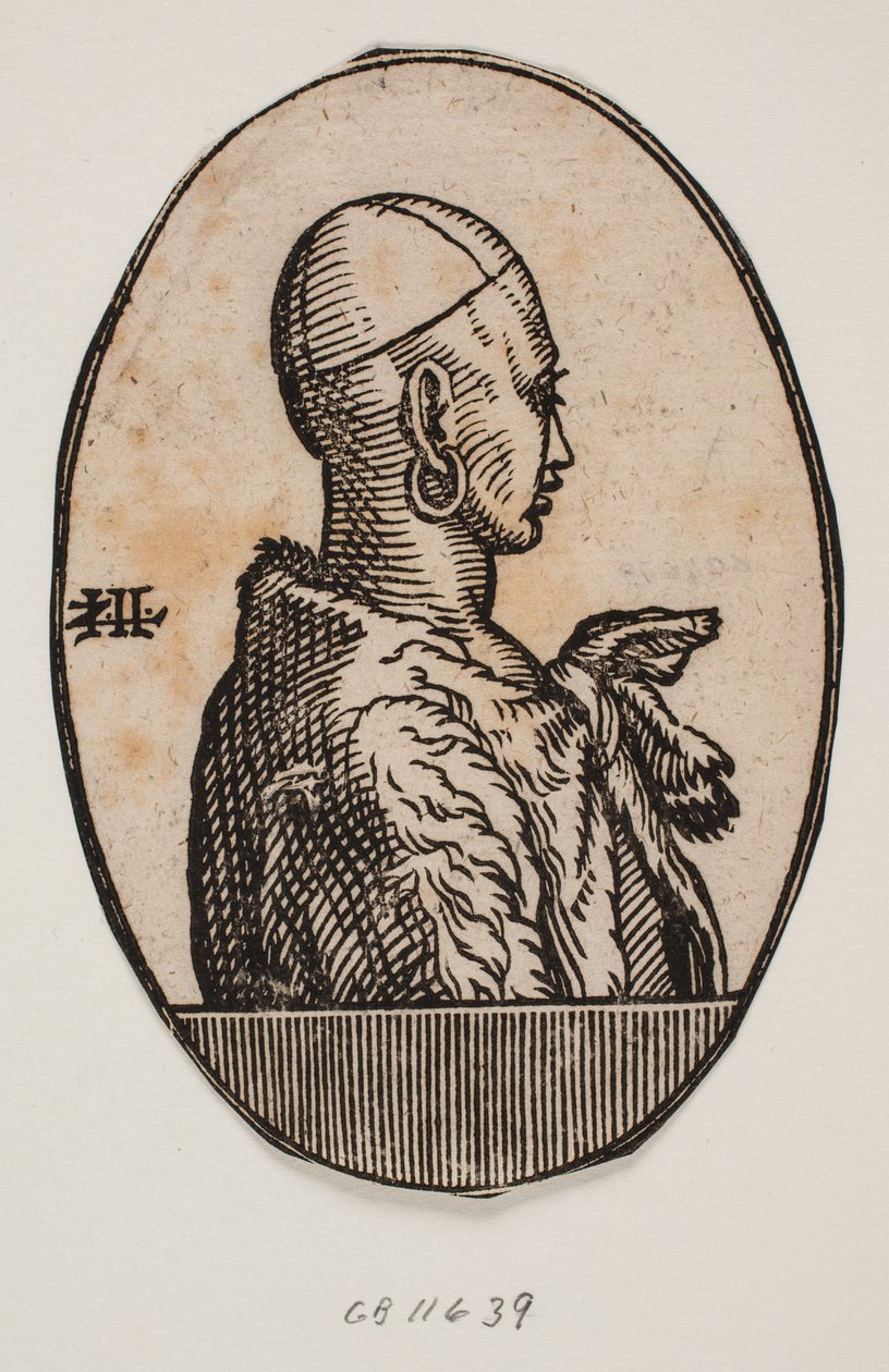 Medallón circular con retrato de medio cuerpo de un hombre sin barba con una calota y un pendiente, con una piel sobre el hombro; perfil hacia la derecha de Melchior Lorck