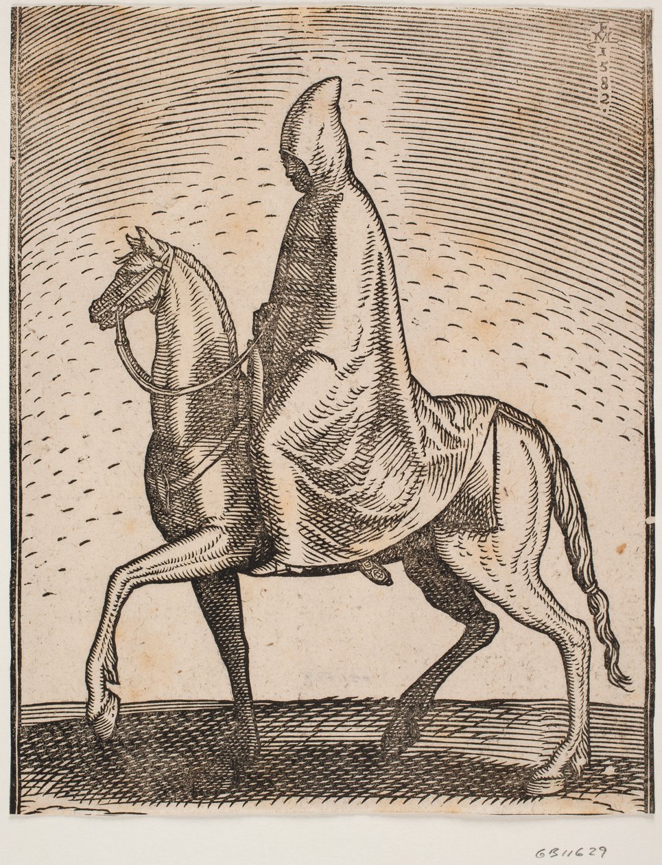 Jinete con capa y sombrero, perfil hacia la izquierda; bajo su manto, se vislumbra una espada de Melchior Lorck