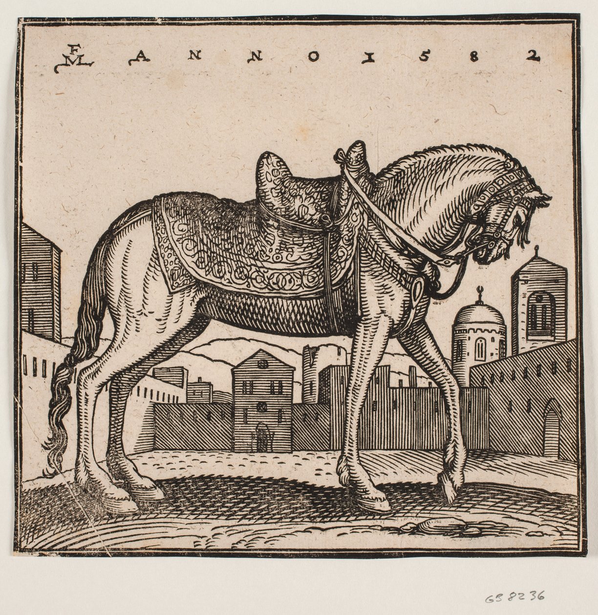 Caballo elegante ensillado, perfil hacia la derecha, en una plaza rectangular de Melchior Lorck