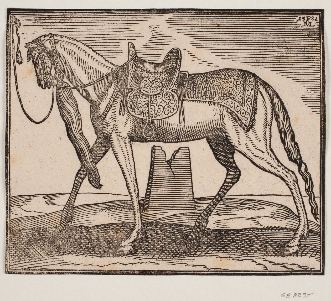 Caballo elegante ensillado, atado a la línea del marco izquierdo, perfil hacia la izquierda; bajo el vientre del caballo se ve una ruina de Melchior Lorck