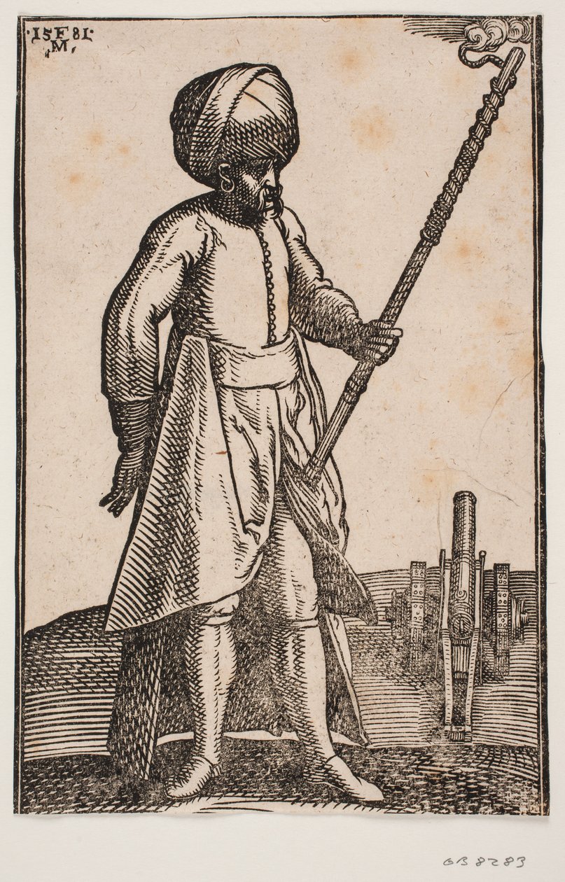 Un cañonero junto a su cañón en un paisaje abierto de Melchior Lorck