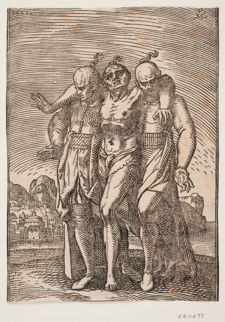 Hombre medio vestido con una coleta en la parte trasera de la cabeza; se apoya teniendo sus brazos alrededor de los cuellos de otros dos hombres; también con coletas en la parte trasera de sus cabezas de Melchior Lorck