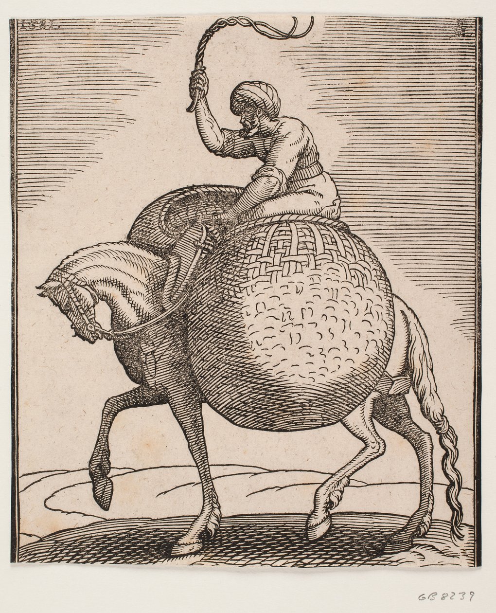 Caballo con jinete y dos cestas esféricas para transportar verduras de Melchior Lorck