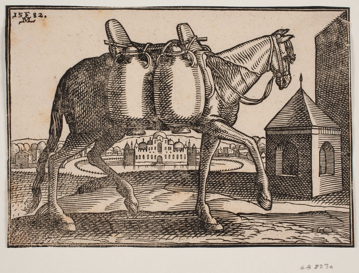 Caballo, perfil hacia la derecha; en su lado visible cuelgan dos recipientes de cerámica; frente al caballo un pozo cuadrado con techo puntiagudo, detrás del caballo un castillo con almenas y cúpulas, rodeado de un foso circular lleno de agua de Melchior Lorck