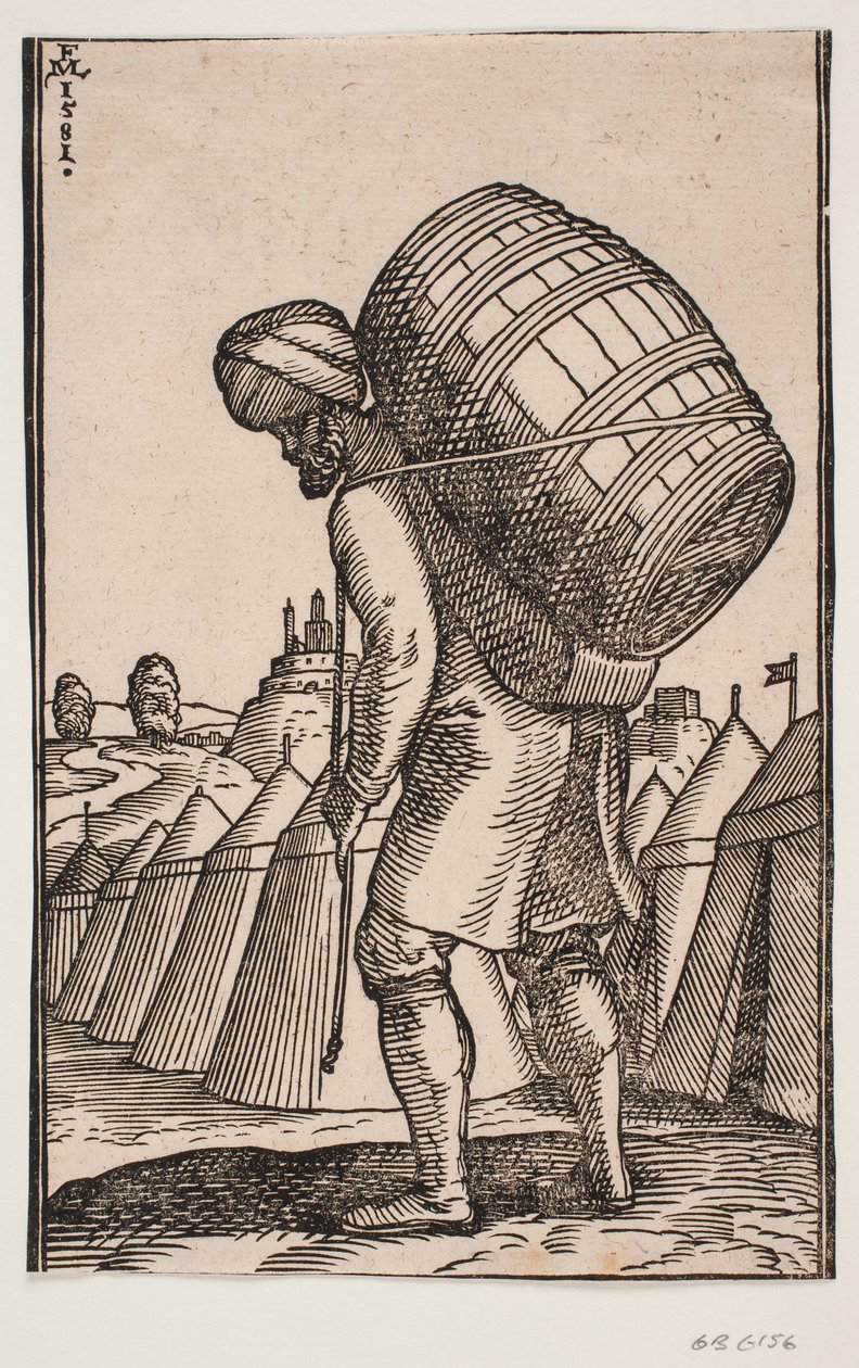 Hombre cargando un barril en la espalda, en un campamento de Melchior Lorck
