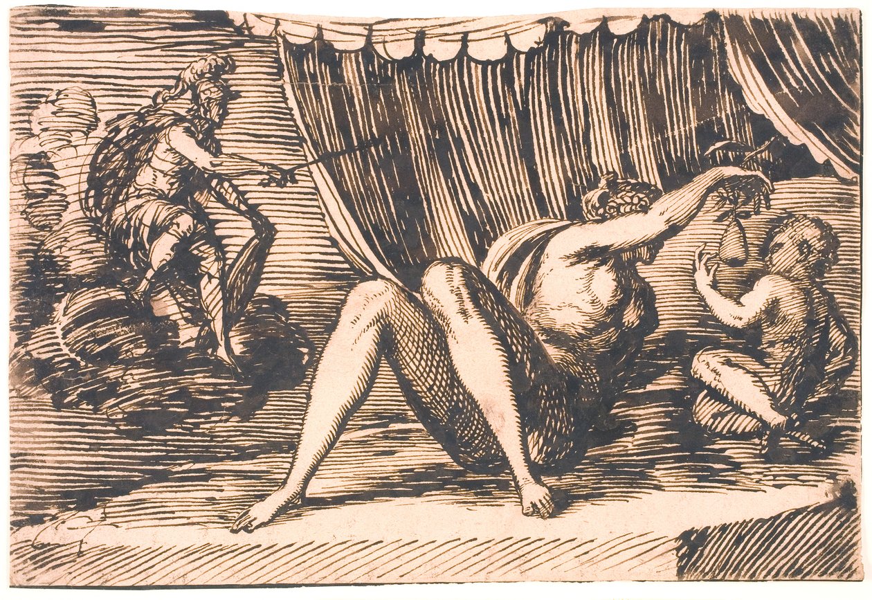 Marte, Venus sosteniendo una pera y un niño de Melchior Lorck