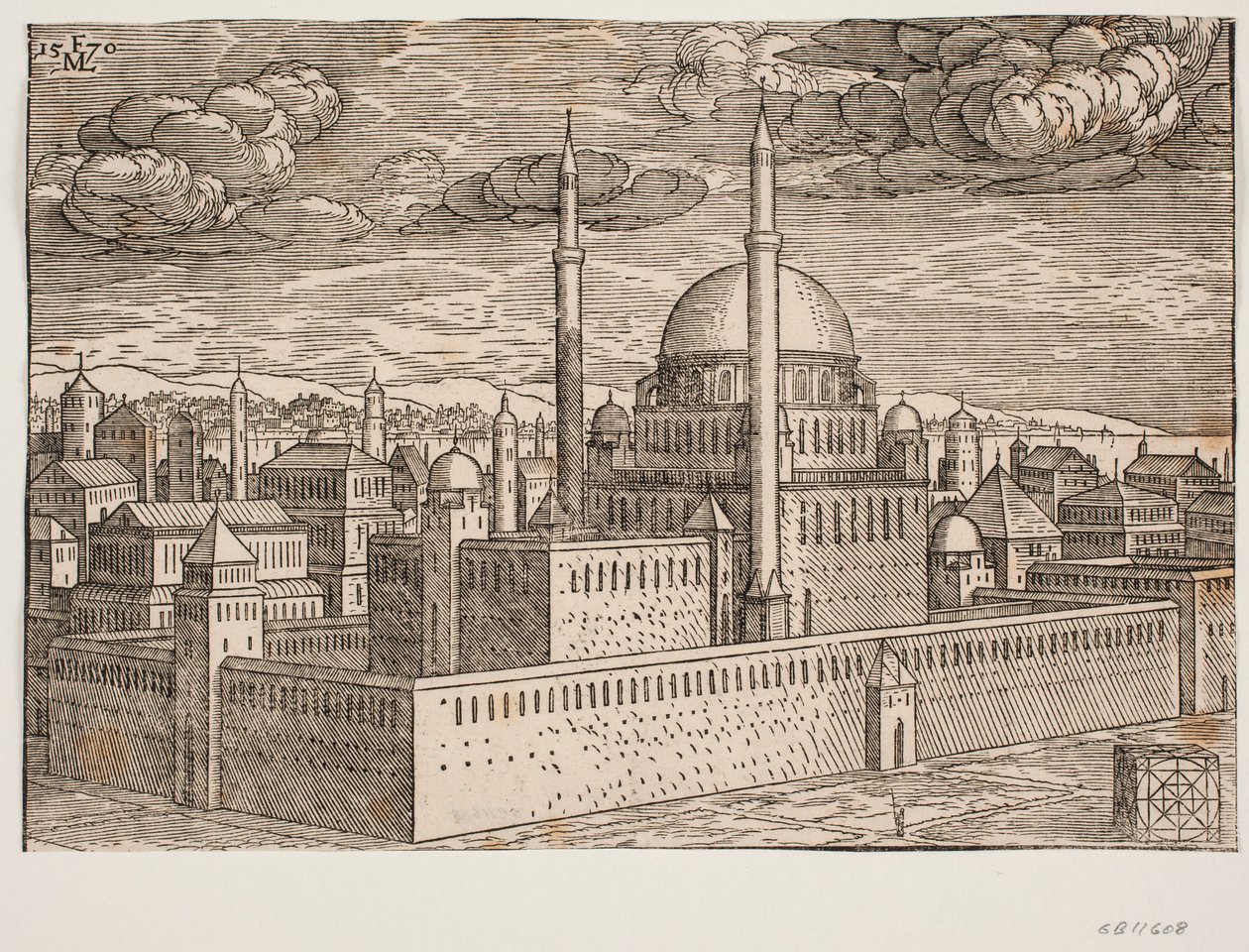 Mezquita, con dos minaretes, vista desde el noroeste; al otro lado del agua, se puede ver Galata. En la esquina inferior derecha, hay una piedra cúbica, sobre la cual se ha grabado una figura geométrica cuadrada, una figura que presumiblemente muestra de Melchior Lorck