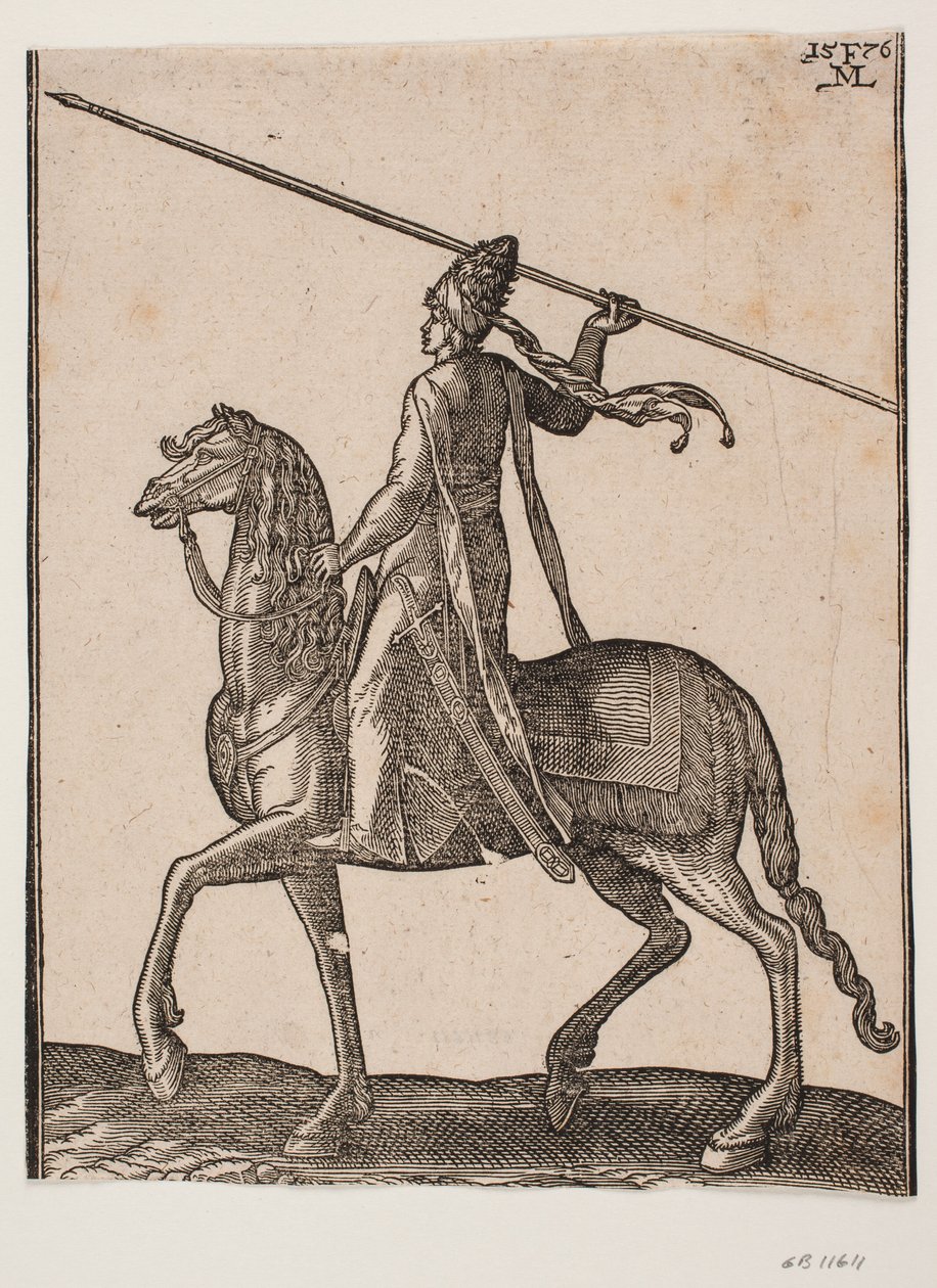 Soldado Montado, perfil hacia la izquierda; en su mano, una lanza larga levantada, como si estuviera en el acto de lanzarla de Melchior Lorck