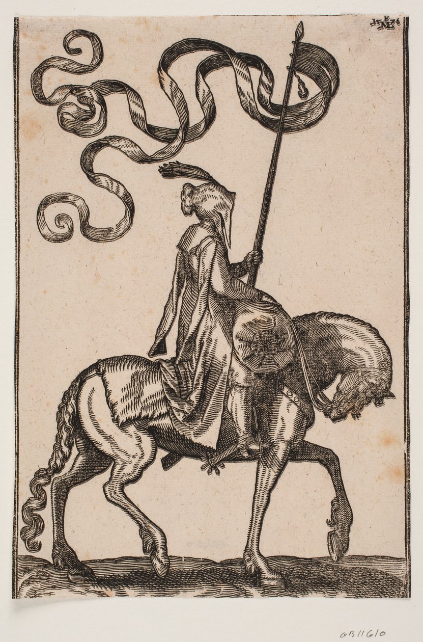 Portaestandarte montado, perfil hacia la derecha; el estandarte es de dos colas; el jinete está desarmado; en la parte delantera del caballo, hay un saco en forma de salchicha para llevar equipaje de Melchior Lorck