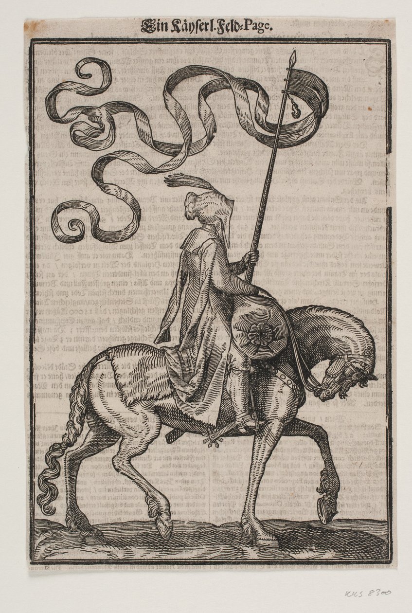 Portaestandarte montado, perfil hacia la derecha; el estandarte es de dos colas; el jinete está desarmado; en la espalda del caballo frente a él, hay un saco en forma de salchicha para llevar equipaje de Melchior Lorck