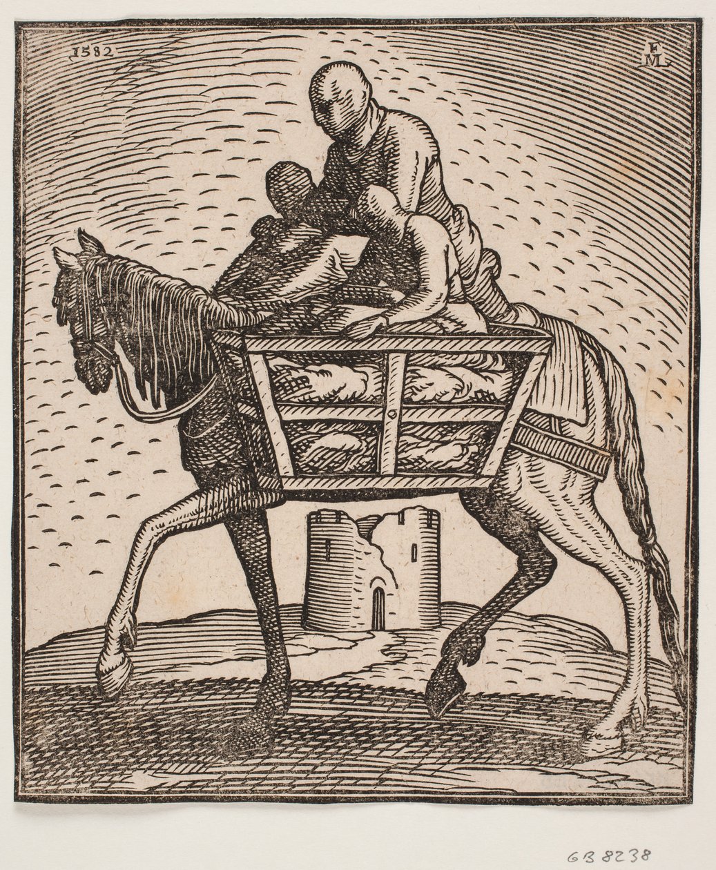 Jinete con capucha sobre el rostro; a cada lado del caballo una caja de barrotes con una persona dentro; perfil hacia la izquierda; bajo el caballo se ve una torre cilíndrica en ruinas de Melchior Lorck