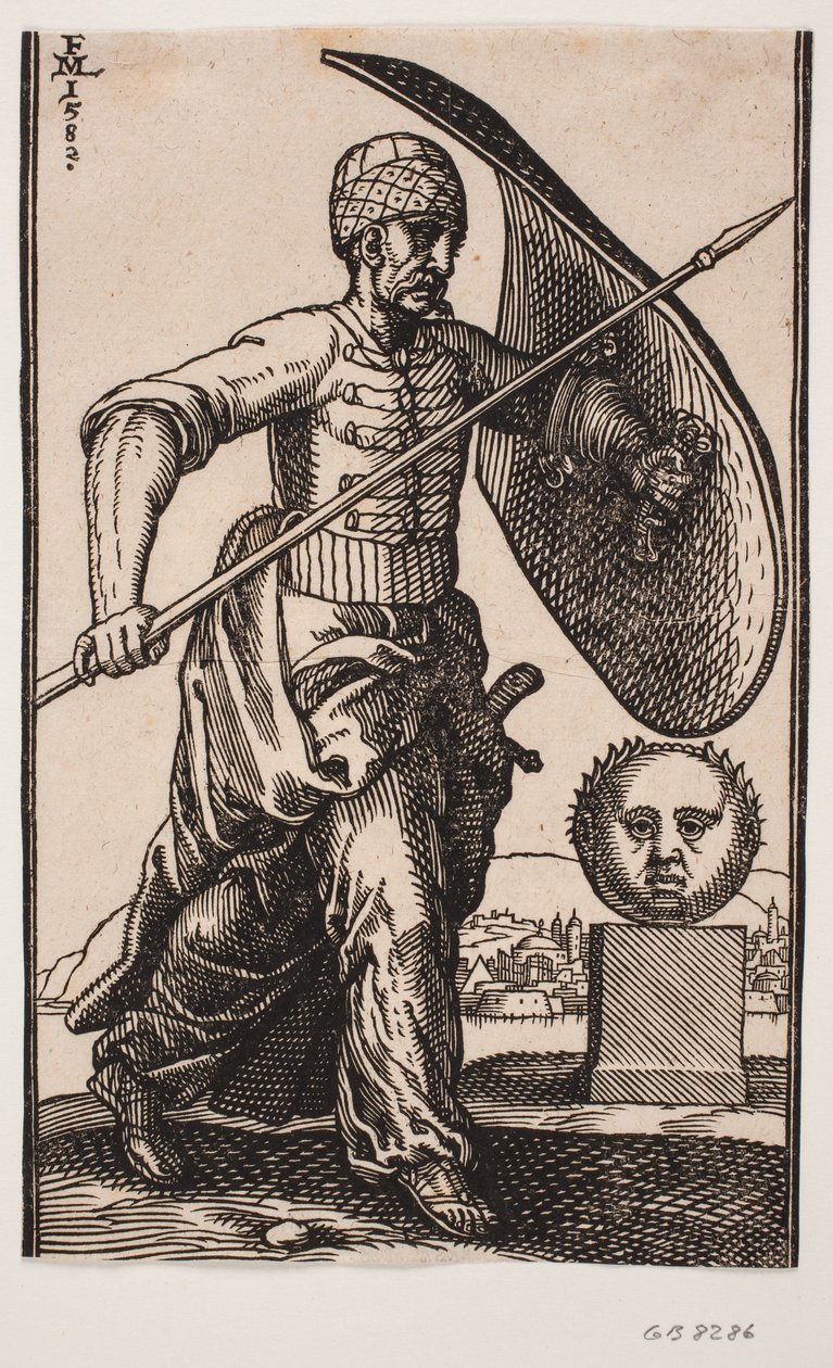 Soldado caminando hacia la derecha; en el brazo izquierdo un escudo curvo, en la mano derecha una lanza; a la derecha un pedestal con una cabeza esférica, vista frontalmente; en la distancia detrás de la cabeza una ciudad junto al agua de Melchior Lorck