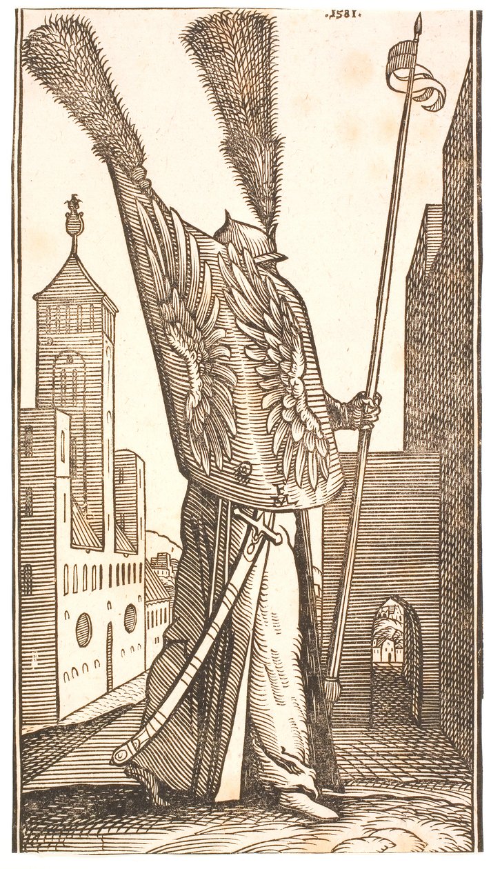 Soldado de pie con un escudo decorado con alas de águila y un casco adornado con una gran pluma de Melchior Lorck