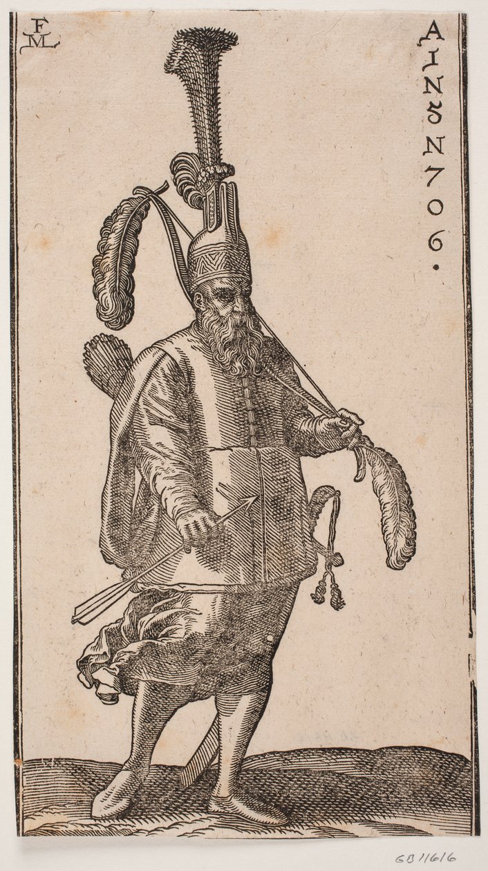 Soldado de pie, vuelto hacia la derecha; tocado con pluma muy alta; en la mano izquierda, un arco con grandes plumas en ambos extremos; en la mano derecha, una flecha; en su espalda, un carcaj y a su lado, una espada de Melchior Lorck